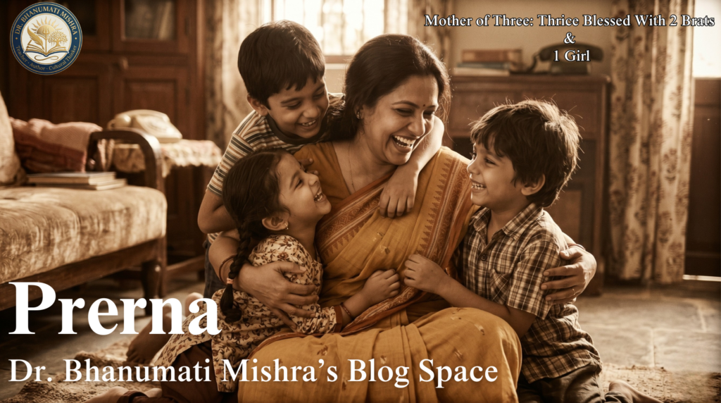 A joyful mother of three sharing a candid moment with her two sons and daughter